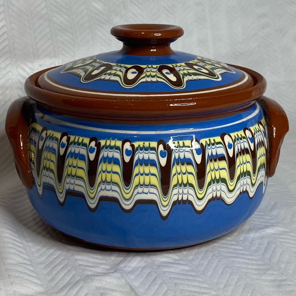 Terracota glazed painted pot with lid, 6” diameter